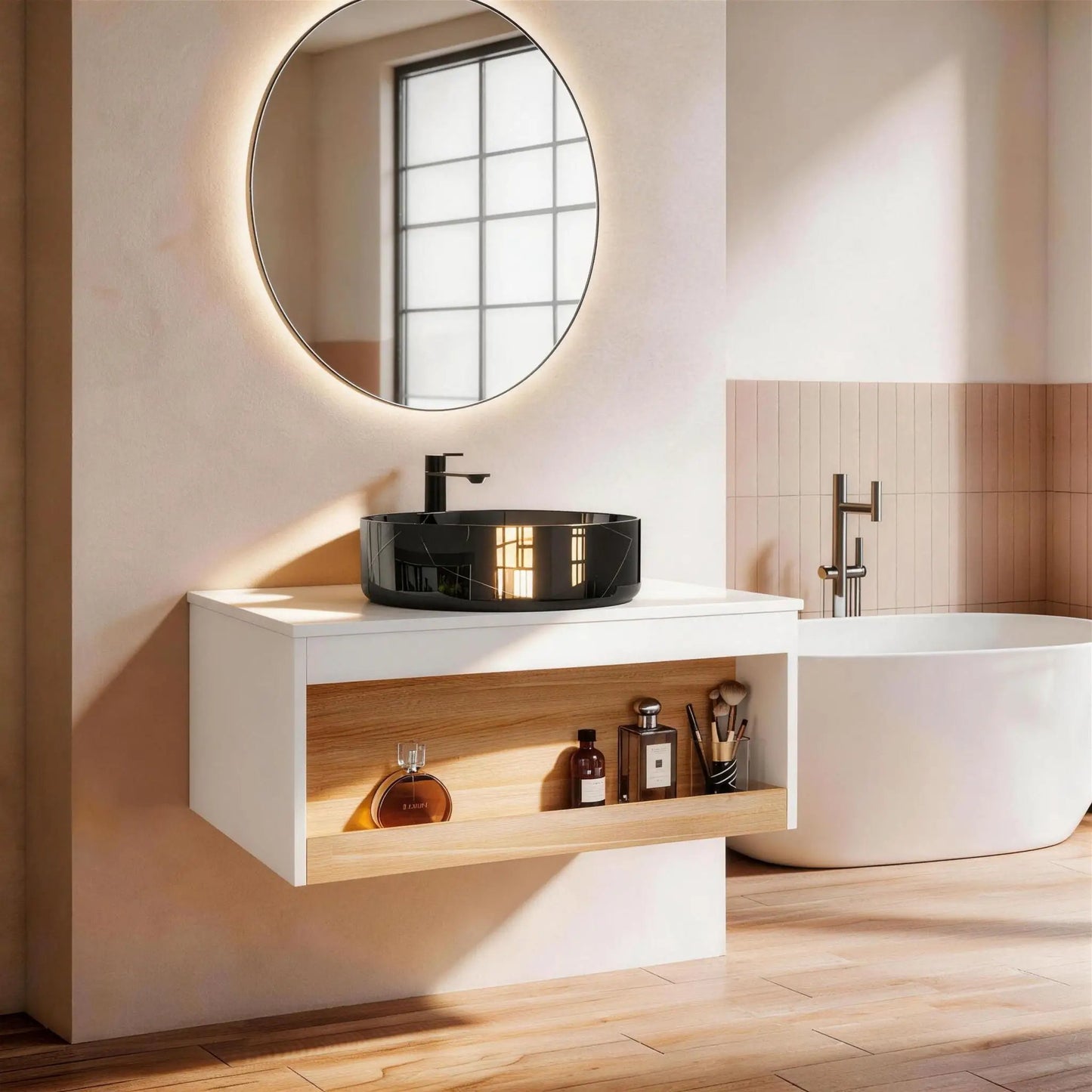 Floating Vanity with Vessel Sink and Open Shelf