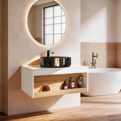 Floating Vanity with Vessel Sink and Open Shelf