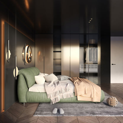 Luxury upholstered platform bed with padded green backrest and solid wood frame on Tampa Home & Garden Store