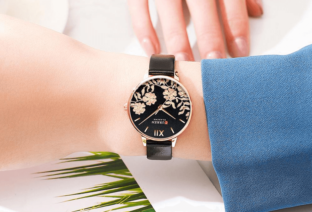 Womens Waterproof Clock by Stevvex with black dial and beige floral decoupage, black leather strap on Tampa Home & Garden Store