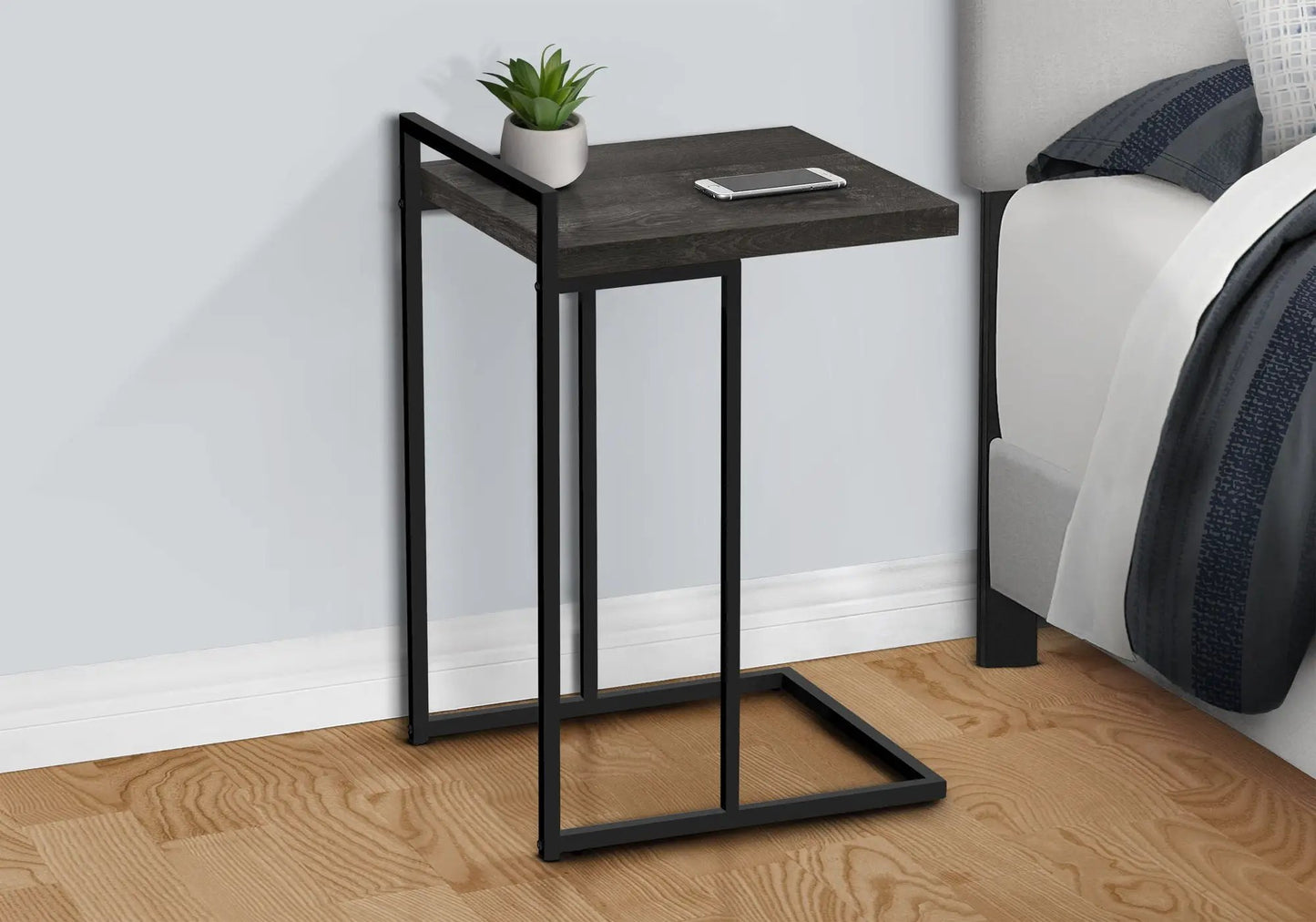 Accent Table C-shaped dark wood top with black metal frame; plant and phone by Unique Piece Furniture on Tampa Home & Garden Store