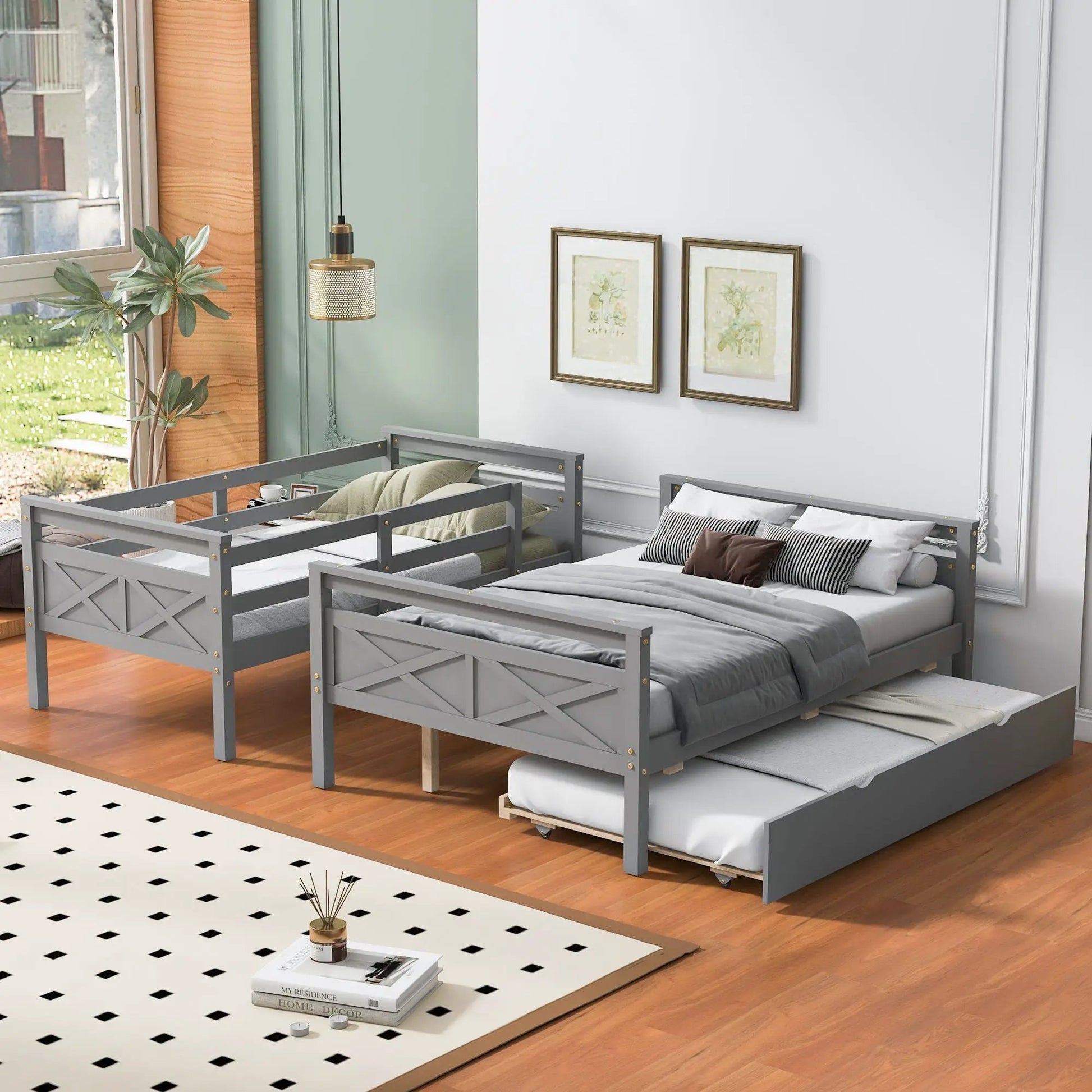 Pair of gray bunk beds with guardrails and under-bed storage drawers by Unique Piece Furniture on Tampa Home & Garden Store