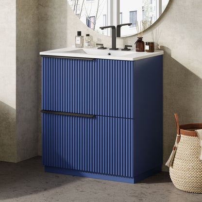 Fluted Bathroom Vanity and Ceramic Sink Unit blue ribbed cabinet with white top and black faucet on Tampa Home & Garden Store