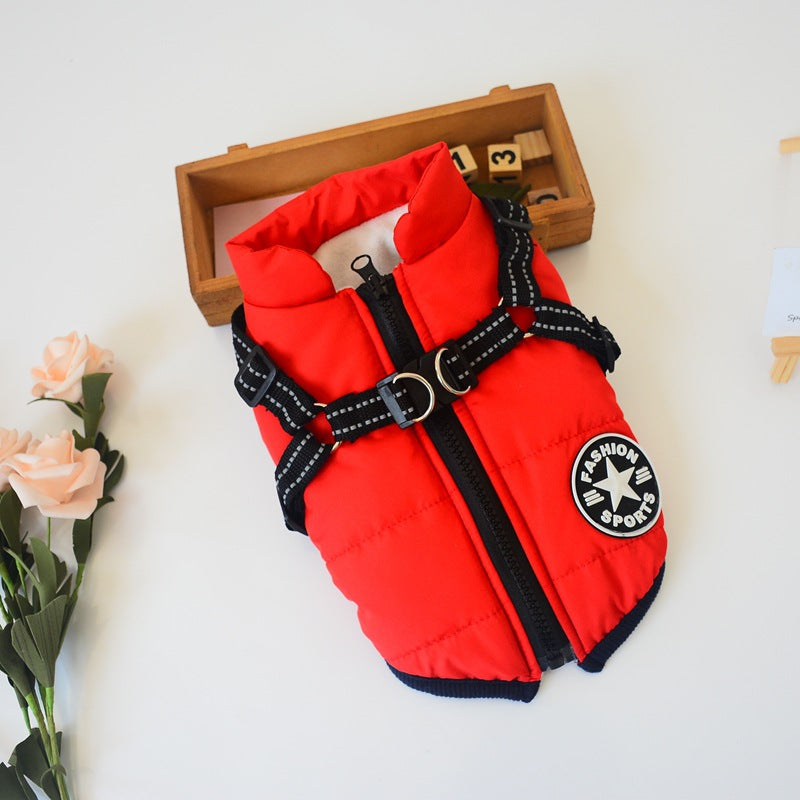 Red winter hooded dog coat with black harness straps, zipper, Fashion Sports patch for small dogs on Tampa Home & Garden Store