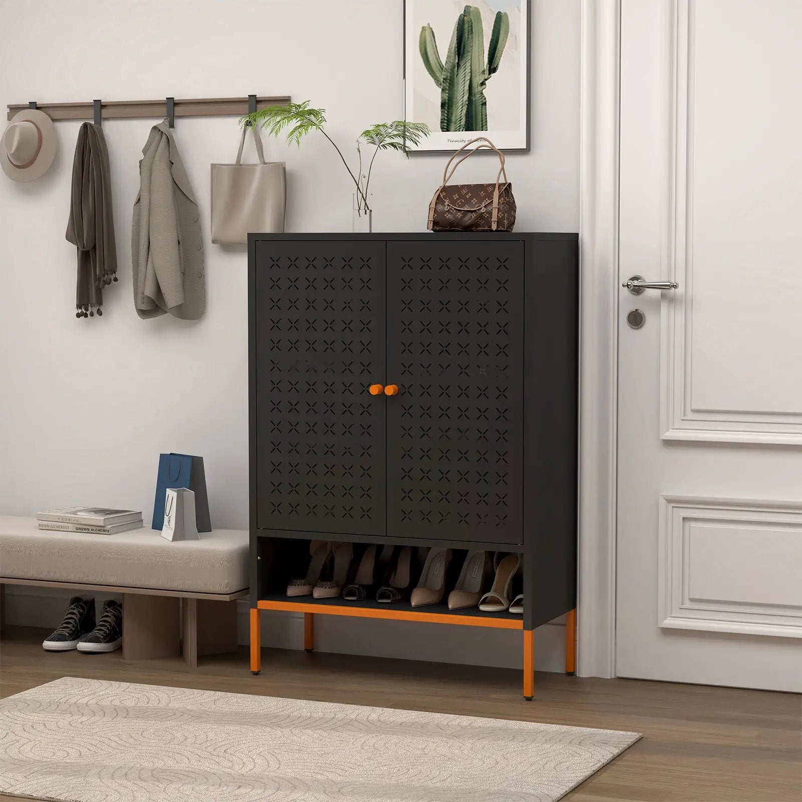 Grid double door black metal shoe cabinet with X-pattern perforated doors and orange legs on Tampa Home & Garden Store