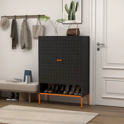 Grid double door black metal shoe cabinet with X-pattern perforated doors and orange legs on Tampa Home & Garden Store