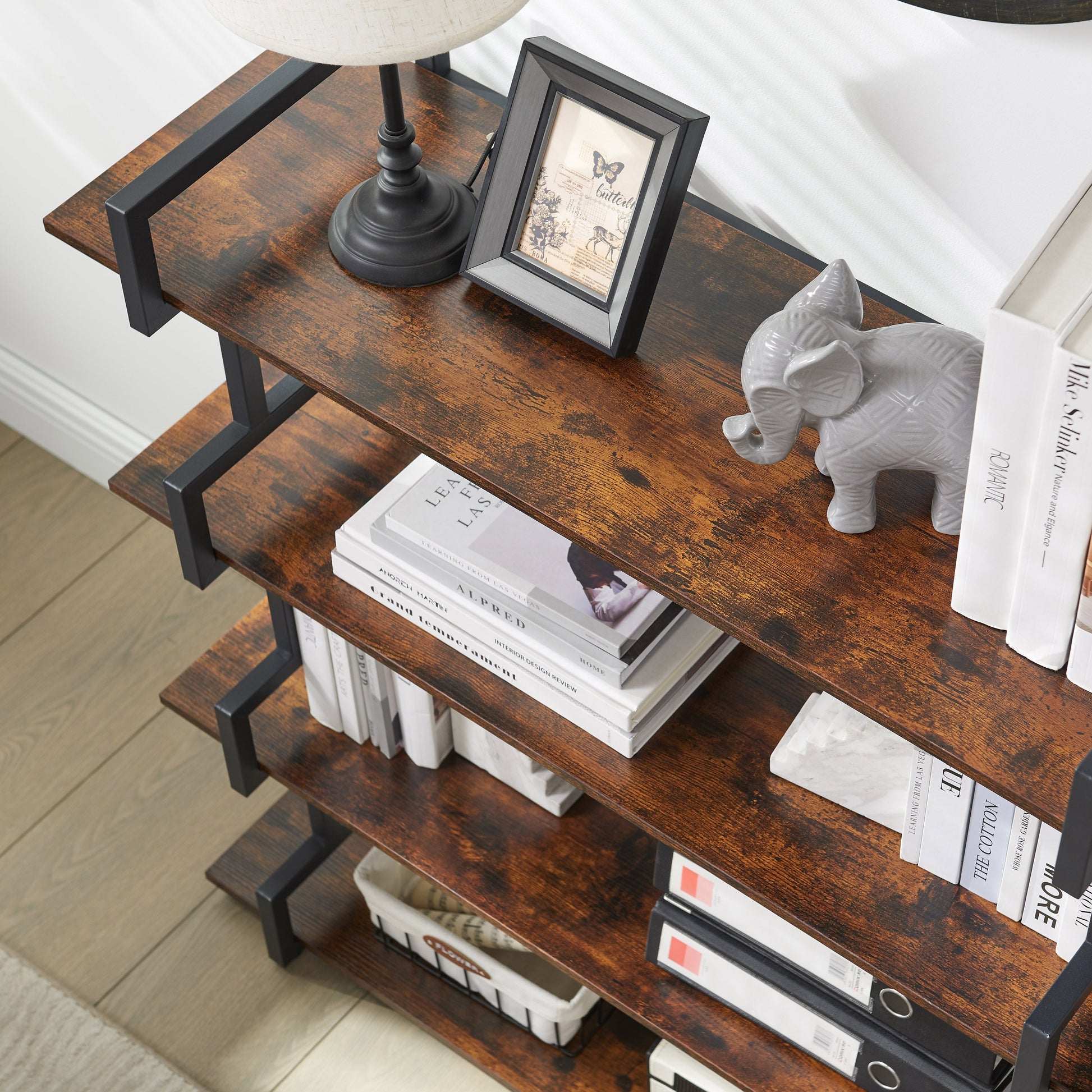 4-storey office bookshelf, rural wooden metal bookshelf, independent open bookshelf, industrial high angle bookshelf - Tampa Home & Garden Store