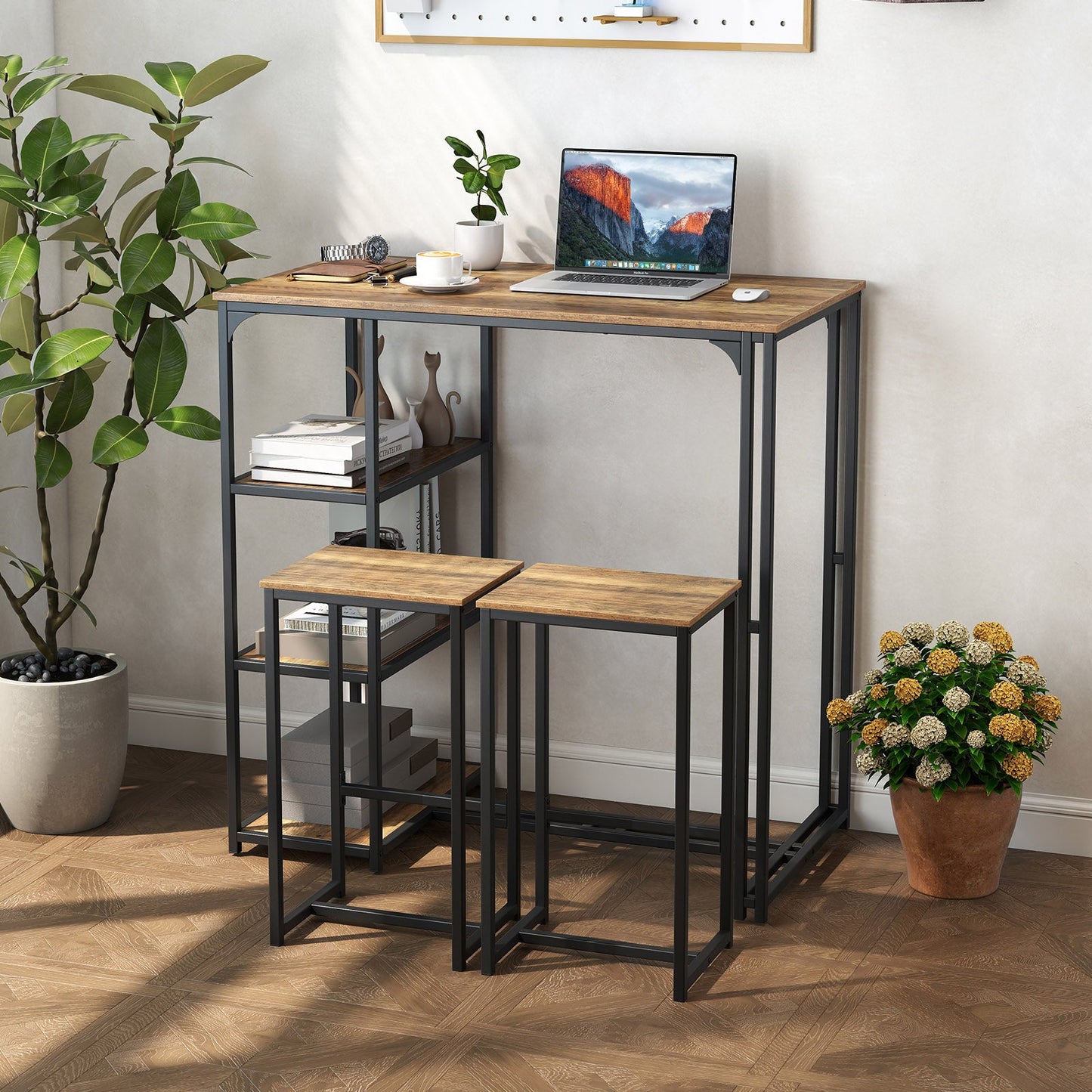 3-Piece Bar Table Set for 2 Bar-Height Dining Table with 2 Stools-Rustic Brown