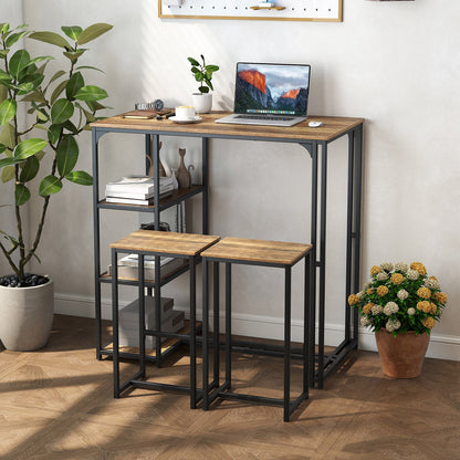 3-Piece Bar Table Set for 2 Bar-Height Dining Table with 2 Stools-Rustic Brown
