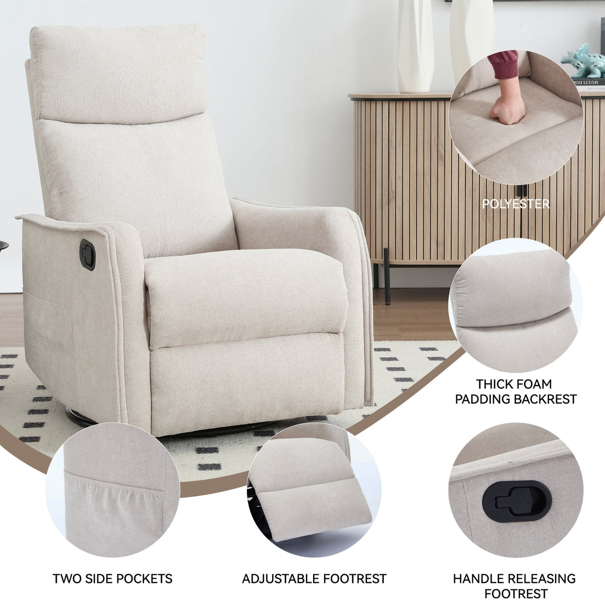 Heat Massage Manual Recliner Chair with Rocker and Swivel beige polyester HouseOfZazla on Tampa Home & Garden Store