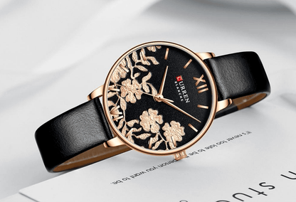 Womens Elegant Waterproof Clock with black dial, rose-gold case, leather strap by Stevvex on Tampa Home & Garden Store