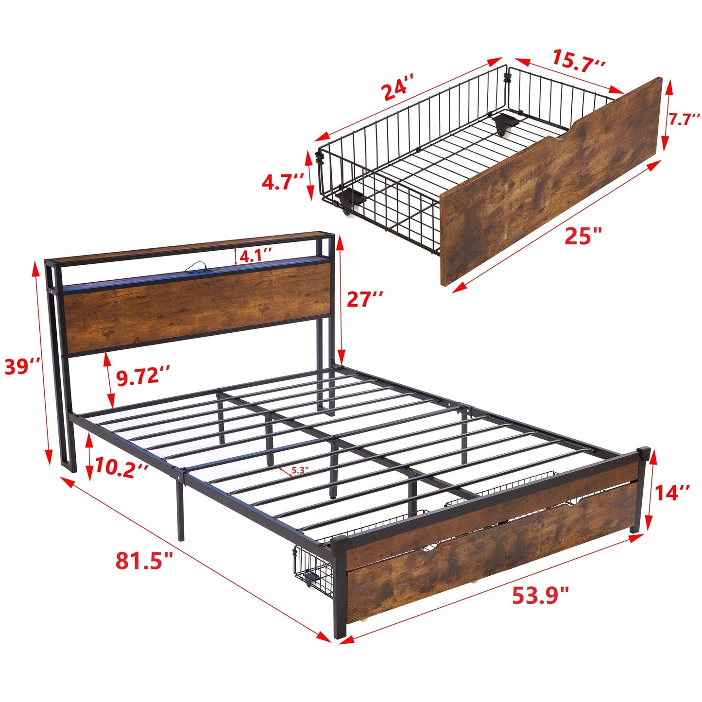 Modern metal bed with led lights and two drawers