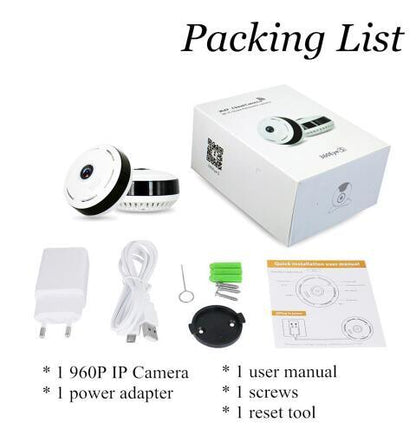 Cobell 960P Wifi IP Camera white with 360° panoramic lens, includes power adapter manual on Tampa Home & Garden Store