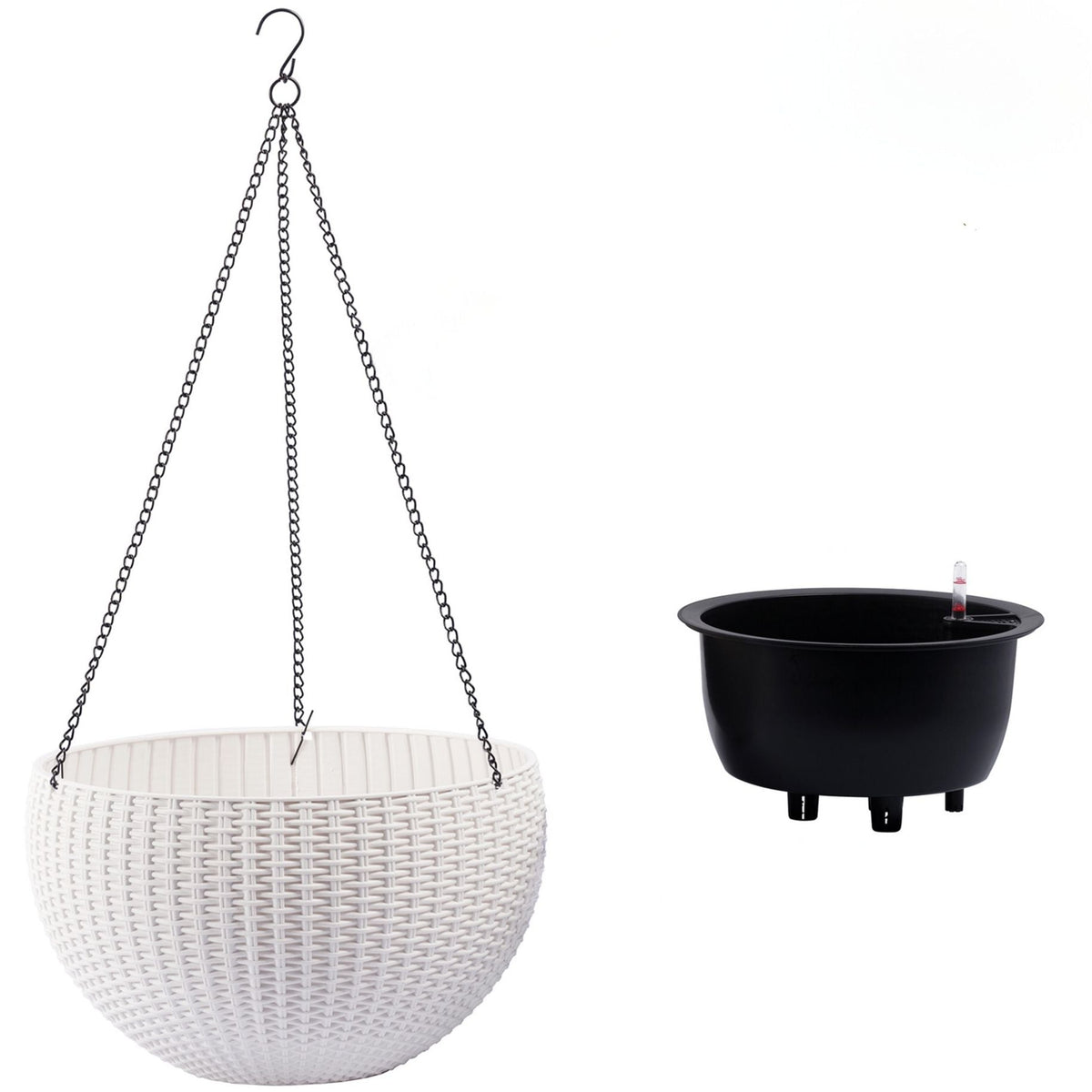 Self Watering Hanging Planter white wicker basket and black pot with chains HouseOfZazla on Tampa Home & Garden Store