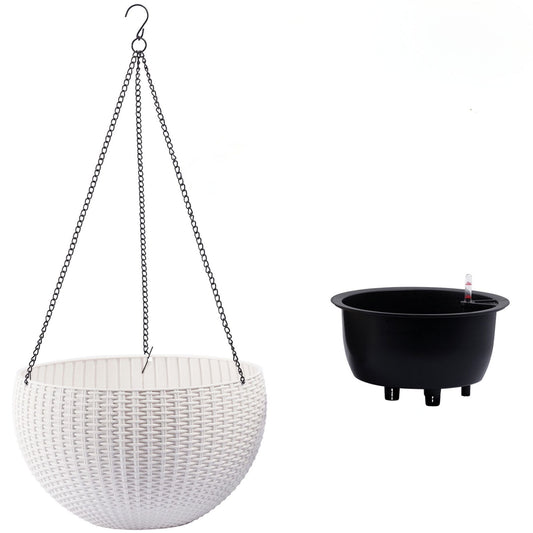 Self Watering Hanging Planter white wicker basket and black pot with chains HouseOfZazla on Tampa Home & Garden Store