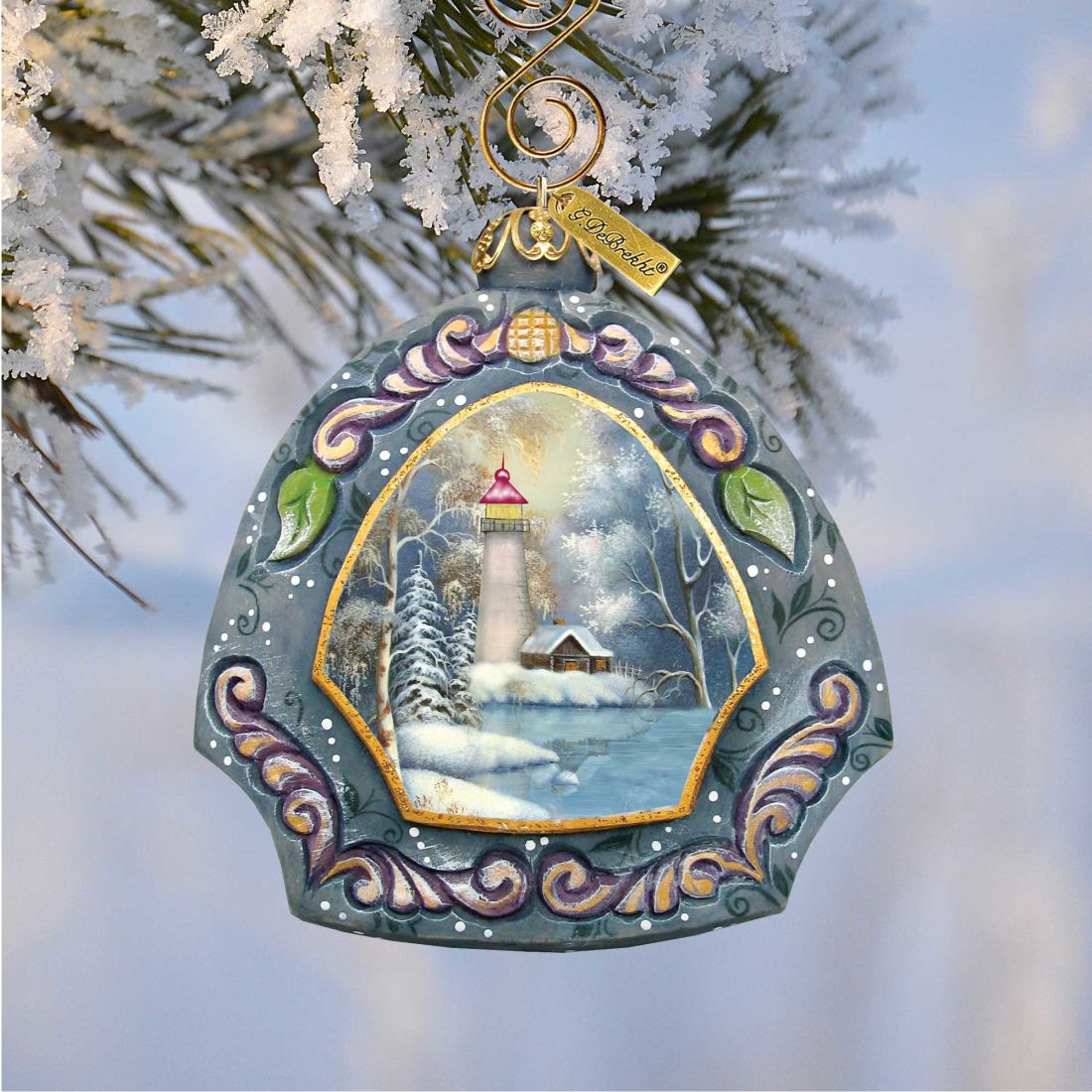 Harbor Light Sculpted Hand-Painted Ornament by G. DeBrekht; teal coastal lighthouse scene on Tampa Home & Garden Store