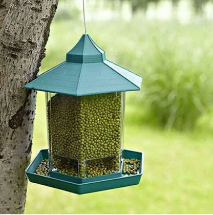Outdoor Balcony Bird Feeder teal waterproof hanging with seed-filled chamber and tray on Tampa Home & Garden Store