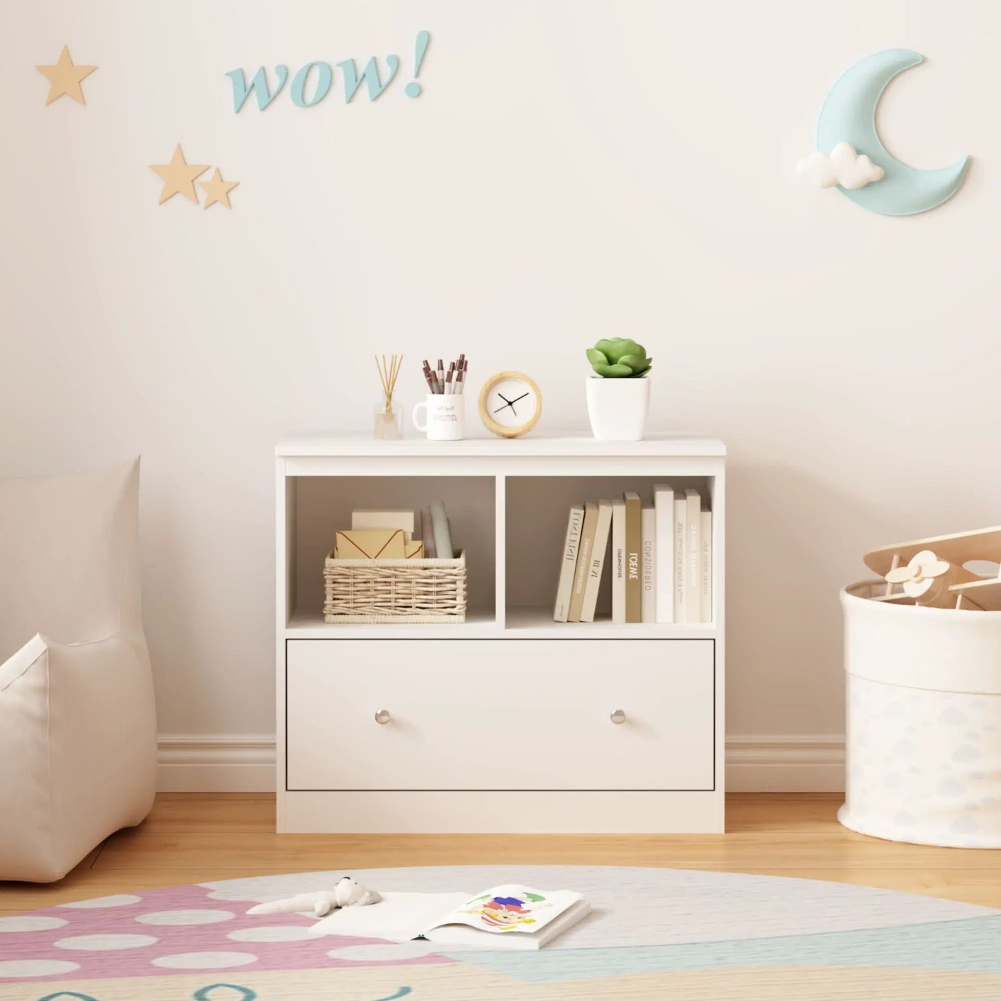 White low-profile toy storage organizer bookcase with large bottom drawer and 4 cubbies on Tampa Home & Garden Store