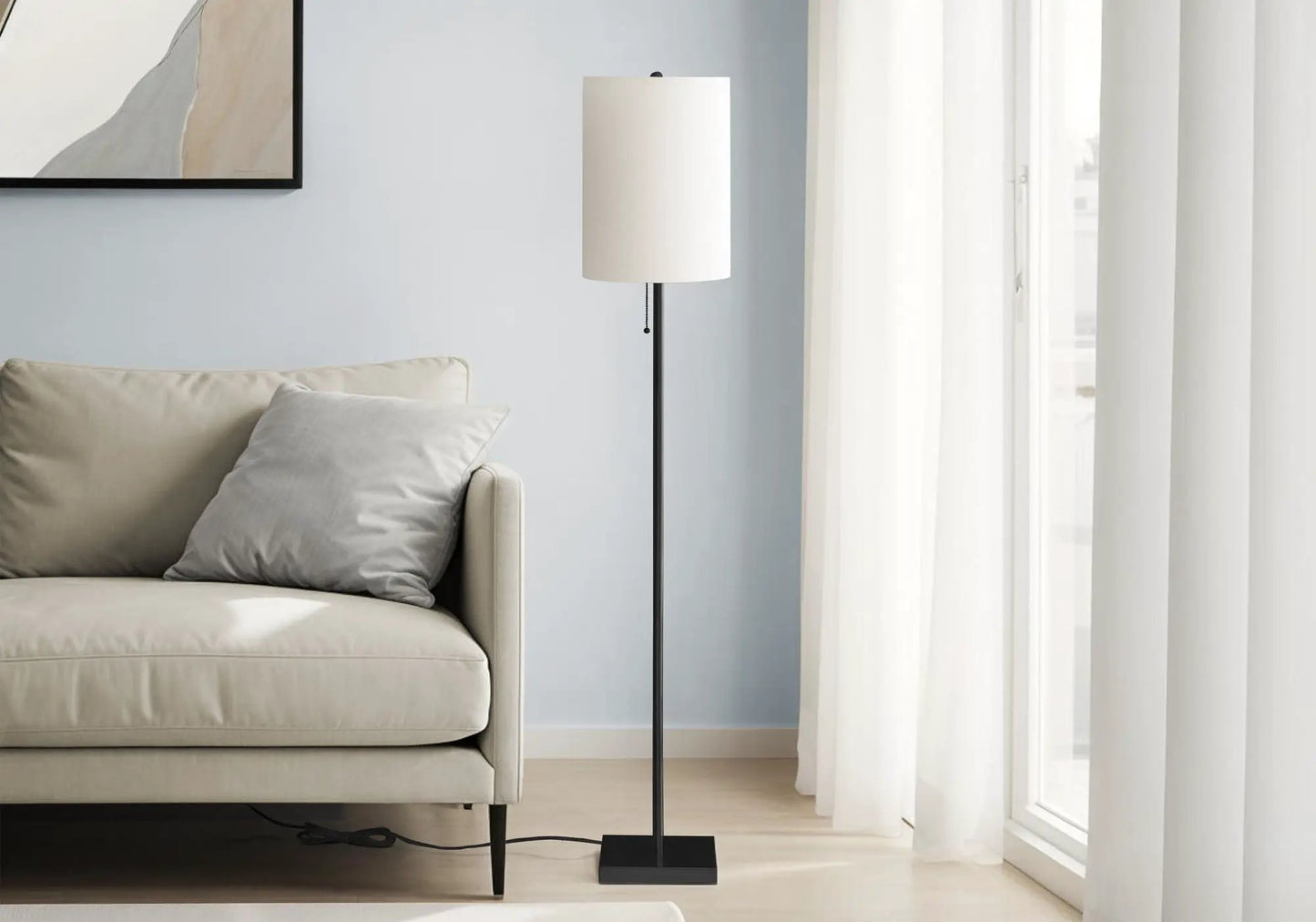 Brass Floor Lamp With Drum Shade and Pull Chain