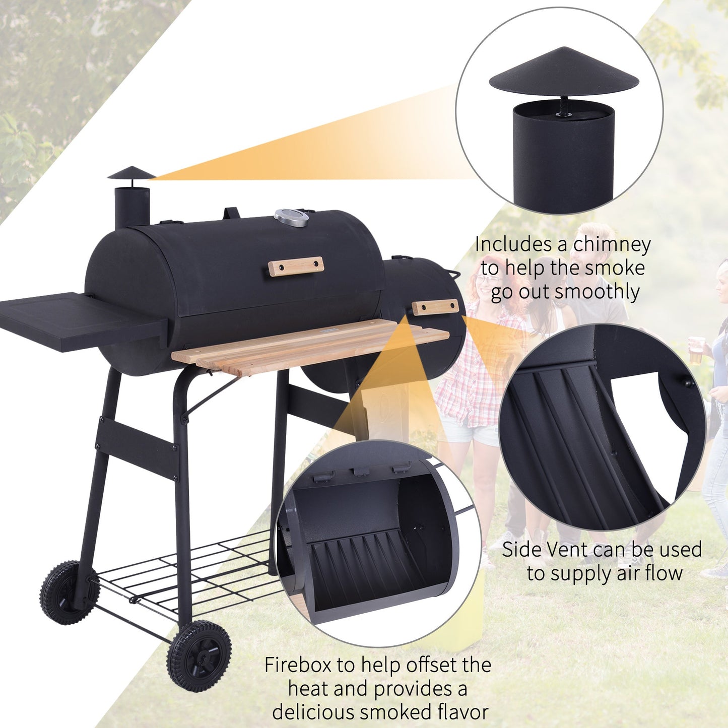 Outsunny 48' steel portable charcoal BBQ grill with offset smoker on wheels on Tampa Home & Garden Store