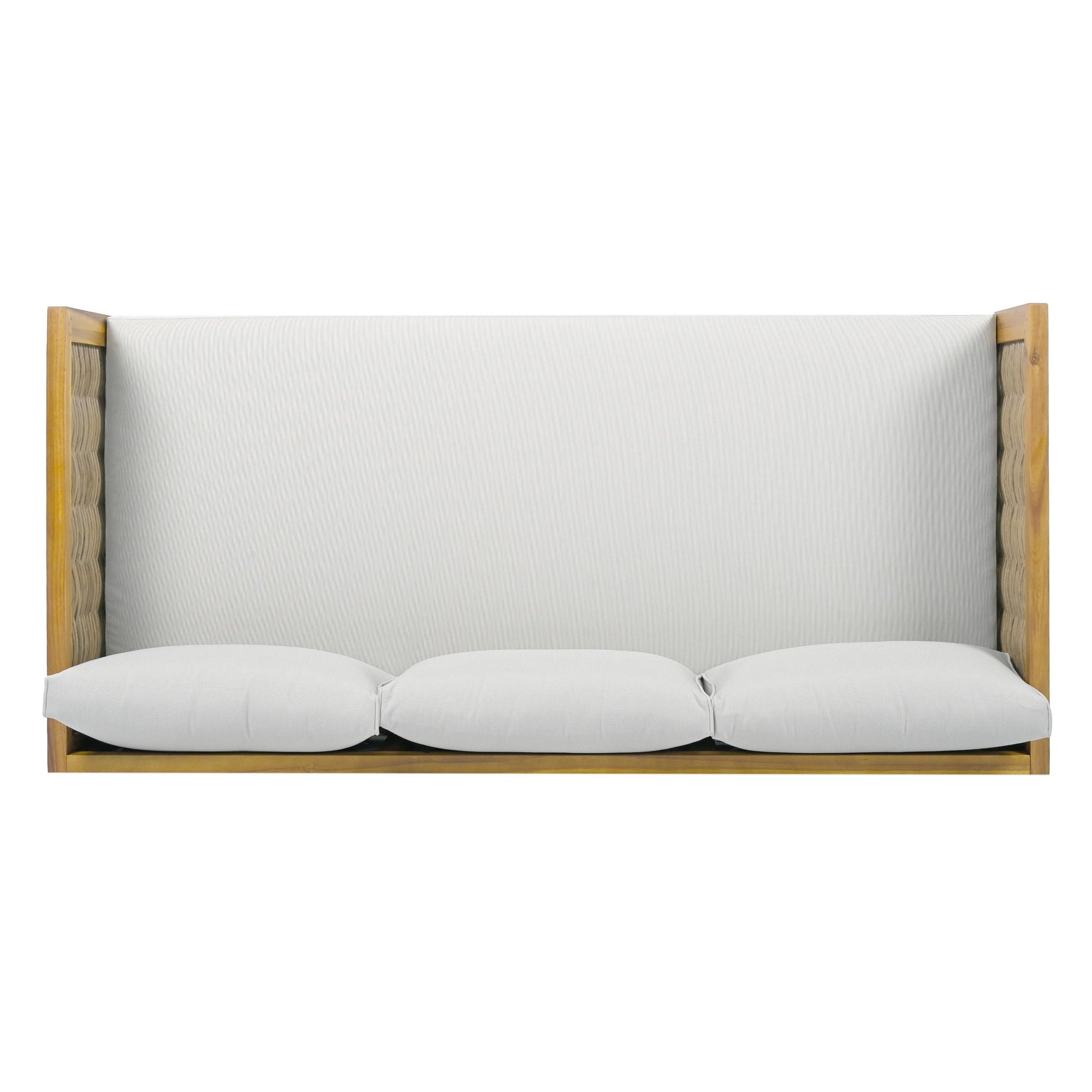 Claremont 3 Seater Daybed with teak acacia wood frame and light gray water-resistant cushions on Tampa Home & Garden Store