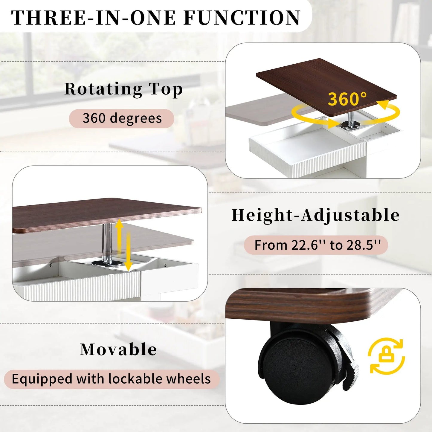 Adjustable end table with wheels, wood top, 360° rot, storage by Unique Piece Furniture on Tampa Home & Garden Store