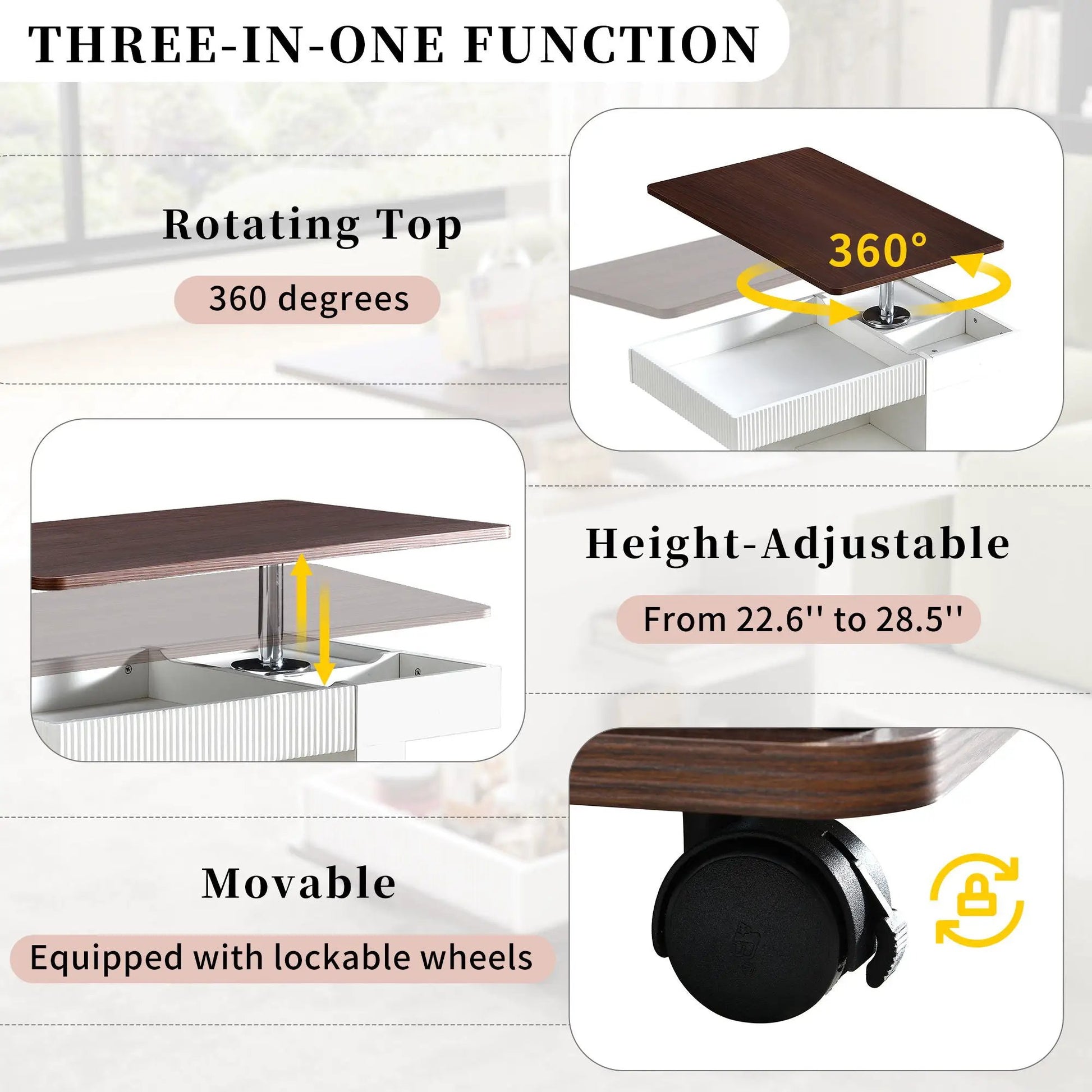 Adjustable end table with wheels, wood top, 360° rot, storage by Unique Piece Furniture on Tampa Home & Garden Store
