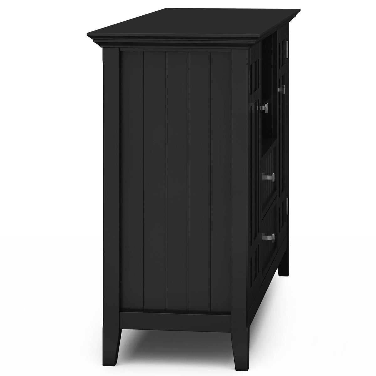 Handcrafted tall black solid wood TV media stand with vertical slat doors on sides on Tampa Home & Garden Store
