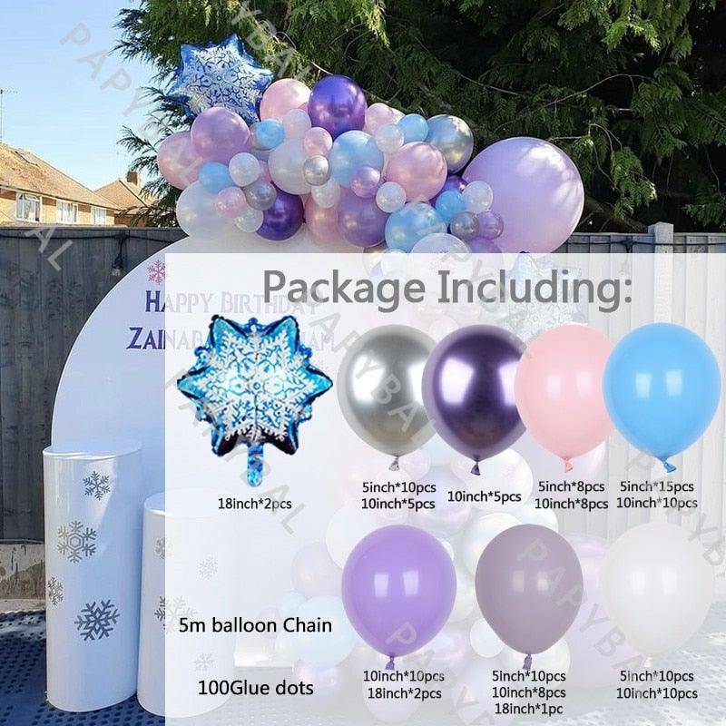 Stevvex Snowflake Foil Balloon Garland Kit 114pcs with purple white pink rose gold balloons on Tampa Home & Garden Store