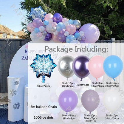 Stevvex Snowflake Foil Balloon Garland Kit 114pcs with purple white pink rose gold balloons on Tampa Home & Garden Store