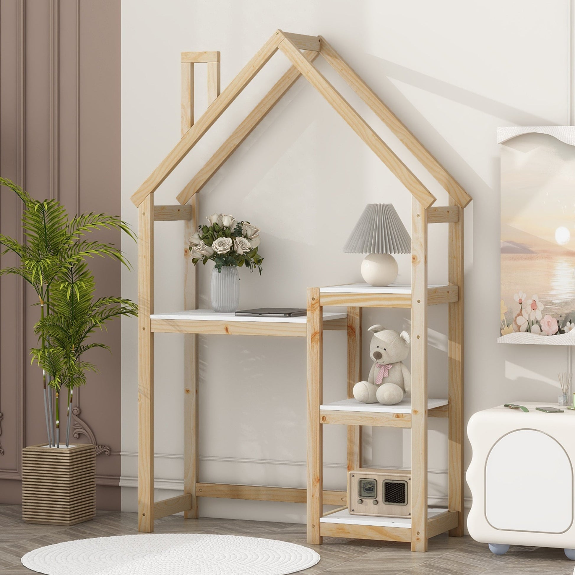 House-shaped Wooden writing Desk Kids study Table Bookshelf & Toy Storage Natural - Tampa Home & Garden Store