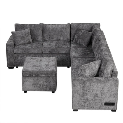 Sleeper sectional sofa HouseOfZazla in gray textured fabric with ottoman and three pillows on Tampa Home & Garden Store