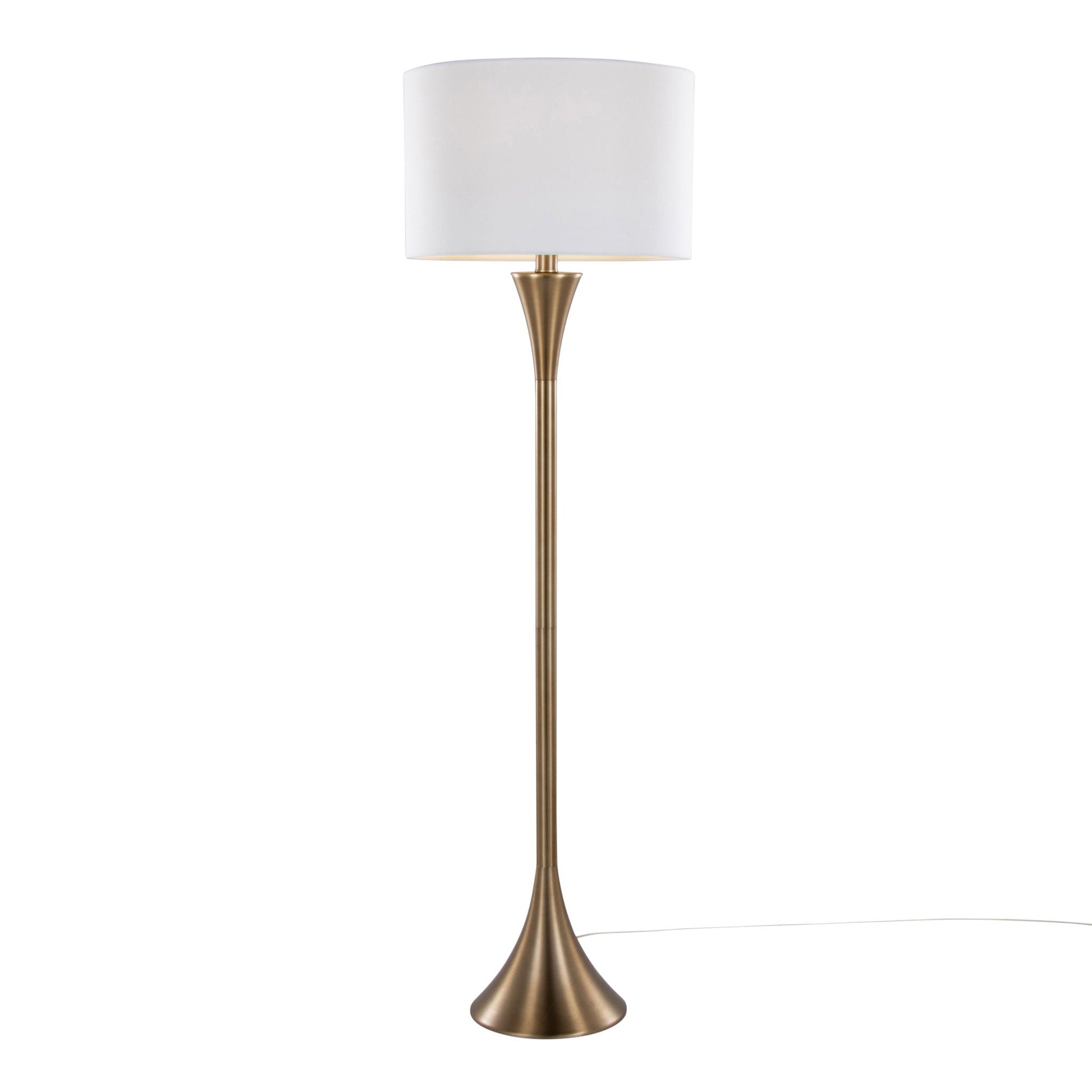 Lenuxe contemporary floor lamp with brass-gold pedestal base and white drum shade on Tampa Home & Garden Store