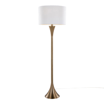 Lenuxe contemporary floor lamp with brass-gold pedestal base and white drum shade on Tampa Home & Garden Store