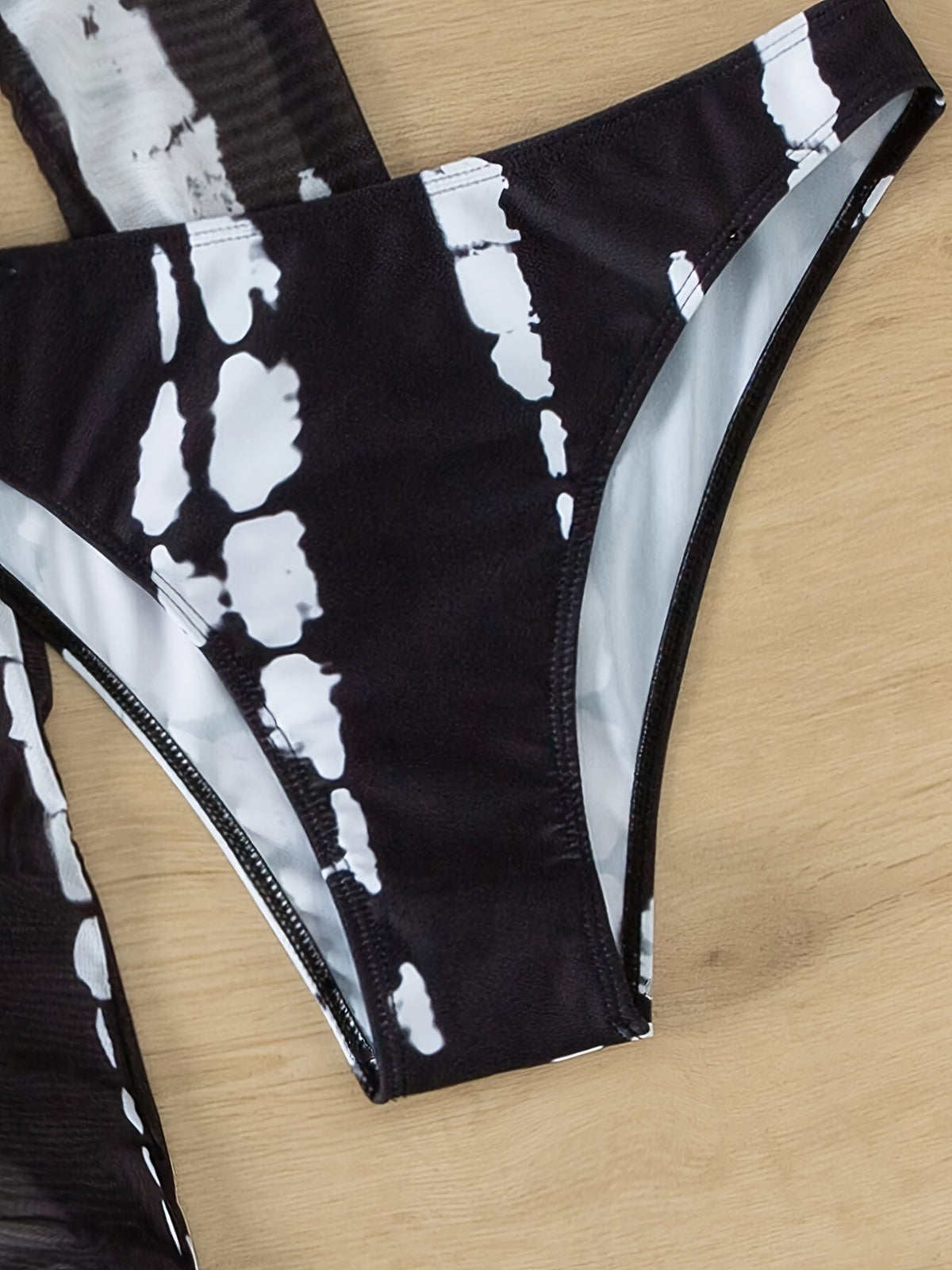 Stevvex Horizon Haze tie-dye bandeau bikini fabric close-up in black and white abstract stripes on Tampa Home & Garden Store