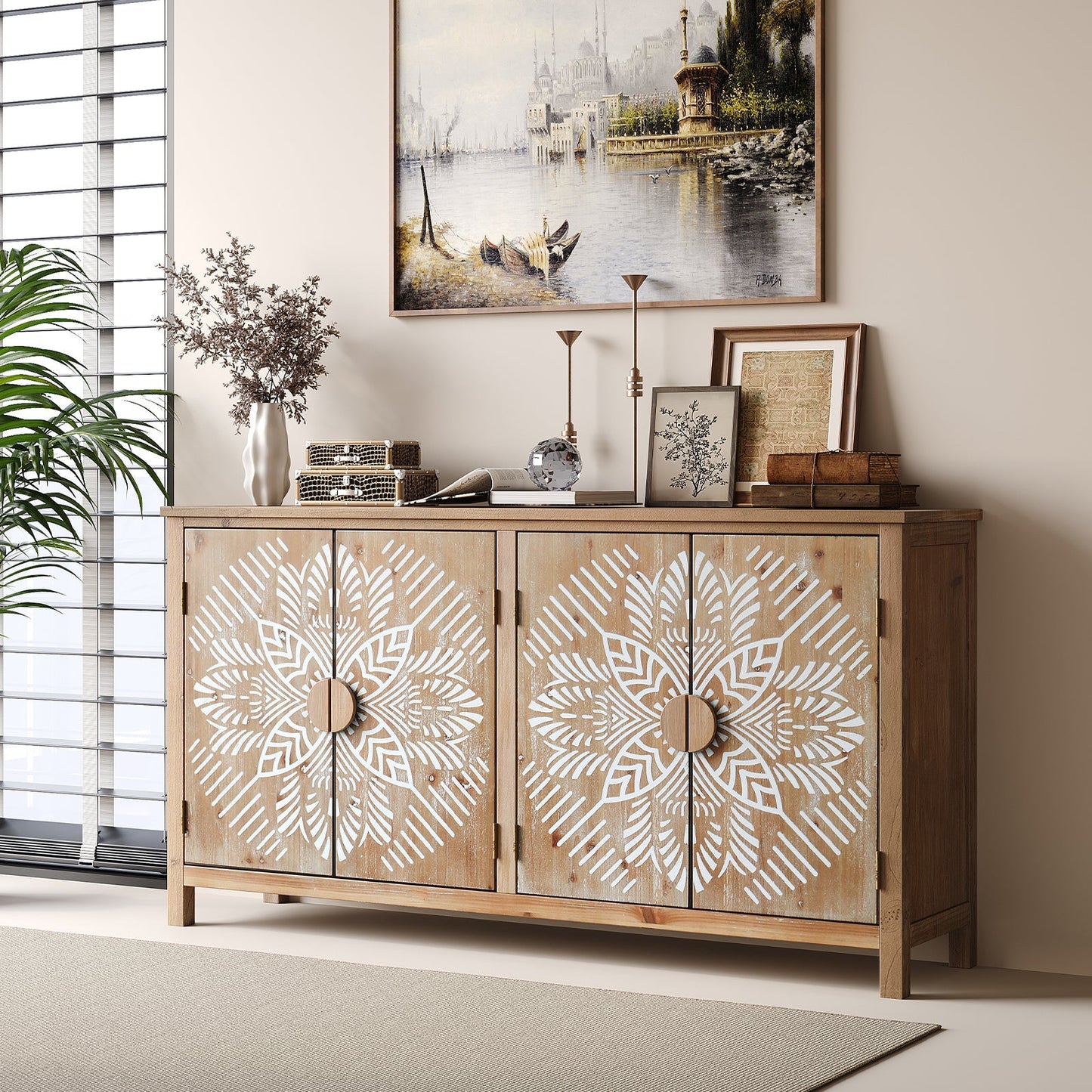 60in Wood Accent Cabinet with 4 Doors brown and antique white by HouseOfZazla buffet on Tampa Home & Garden Store