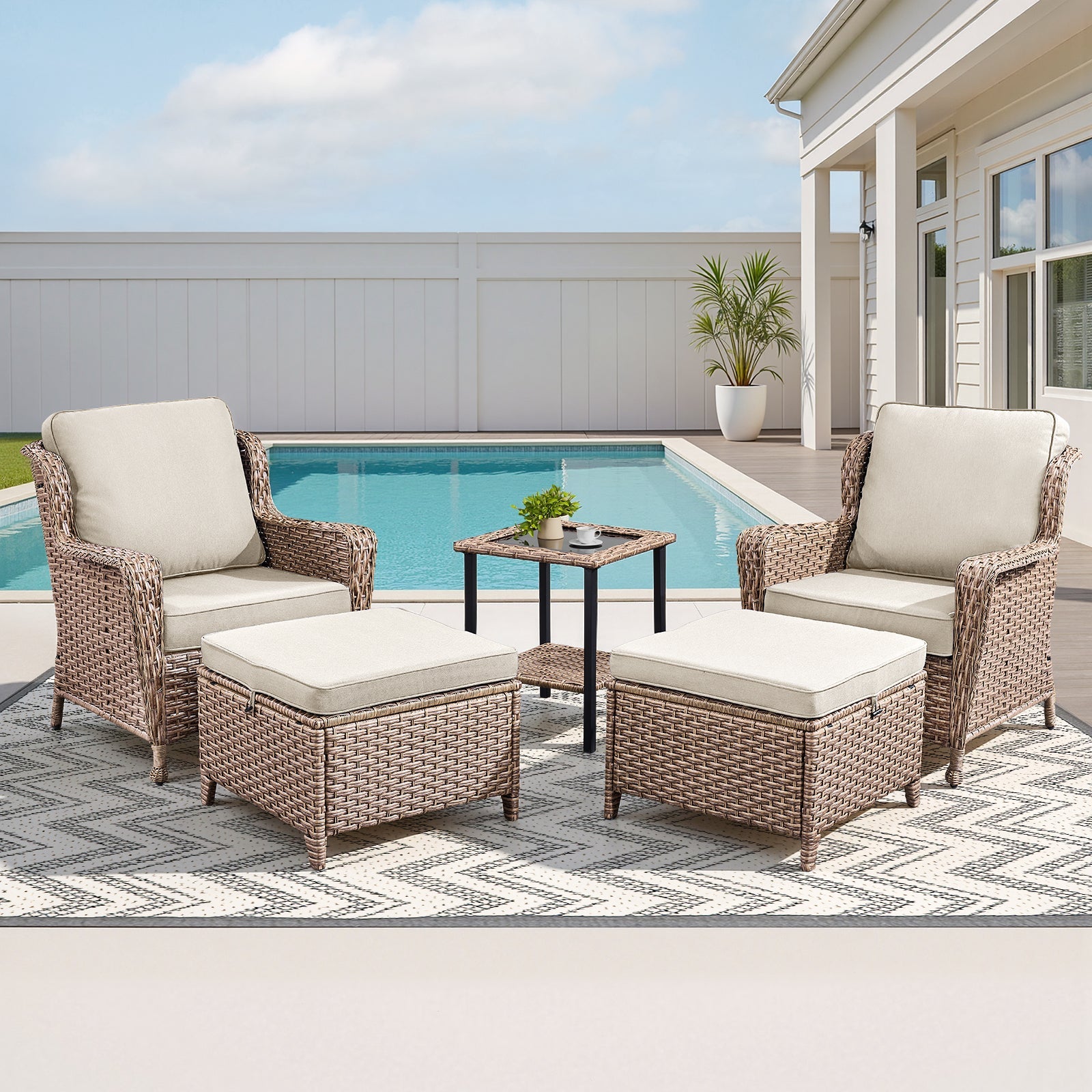 5-Piece outdoor wicker lounge set with beige cushions, side table and ottomans by HouseOfZazla on Tampa Home & Garden Store