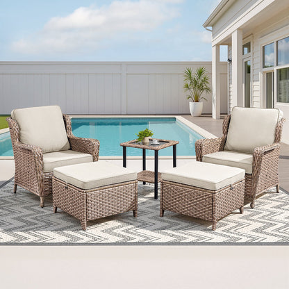 5-Piece outdoor wicker lounge set with beige cushions, side table and ottomans by HouseOfZazla on Tampa Home & Garden Store