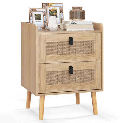 Modern End Table Bedside Table with 2 Rattan Decorated Drawers