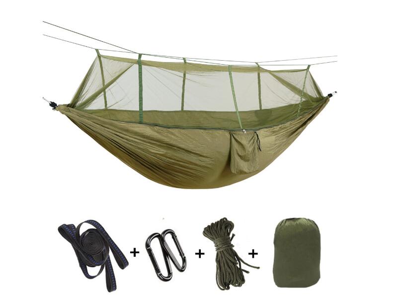 Army green double parachute hammock with mosquito net; straps, carabiners, rope, bag included on Tampa Home & Garden Store