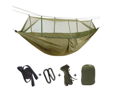 Army green double parachute hammock with mosquito net; straps, carabiners, rope, bag included on Tampa Home & Garden Store