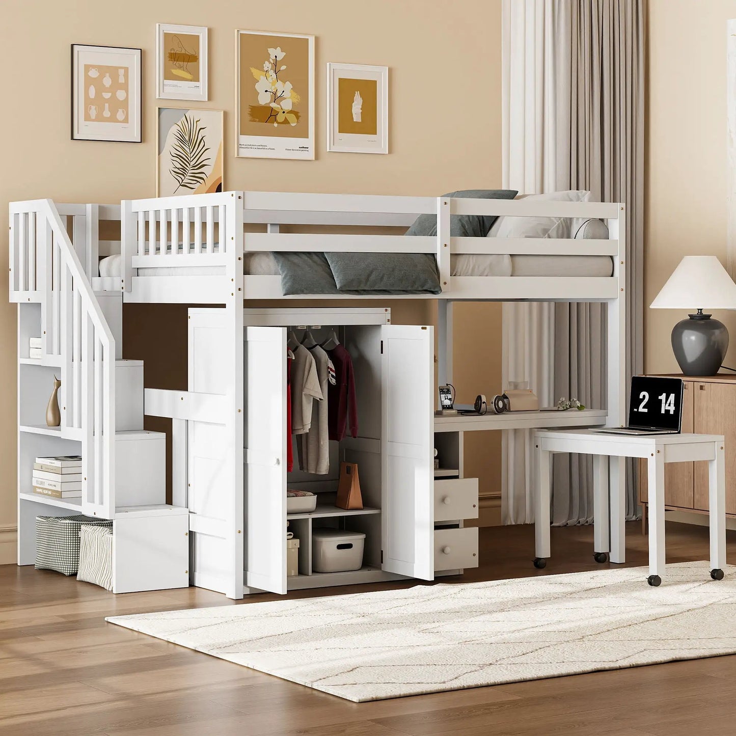 Loft bed with stairs featuring built-in bookshelf, desk, drawers and wardrobe in white finish on Tampa Home & Garden Store