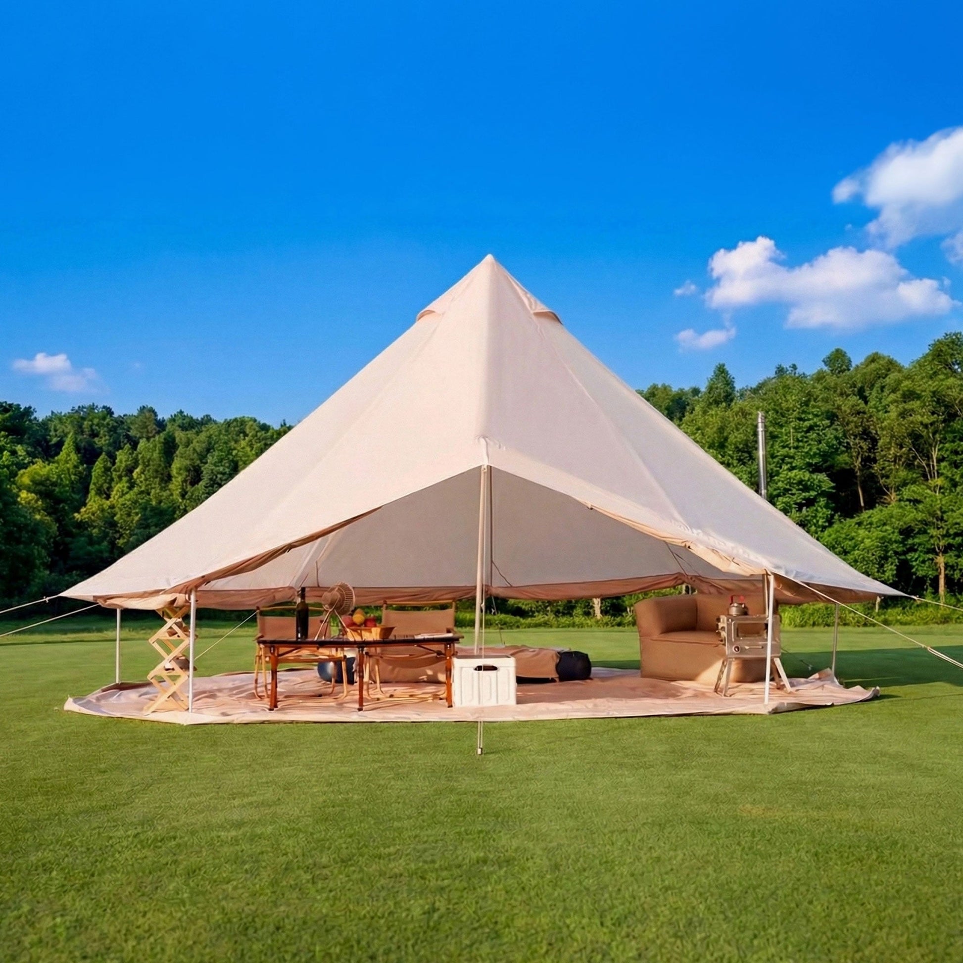 4 Season Bell Tent 16.4FT beige canvas by HouseOfZazla with outdoor lounge on grassy field on Tampa Home & Garden Store