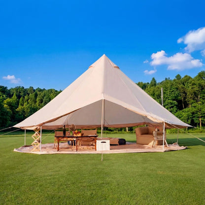4 Season Bell Tent 16.4FT beige canvas by HouseOfZazla with outdoor lounge on grassy field on Tampa Home & Garden Store