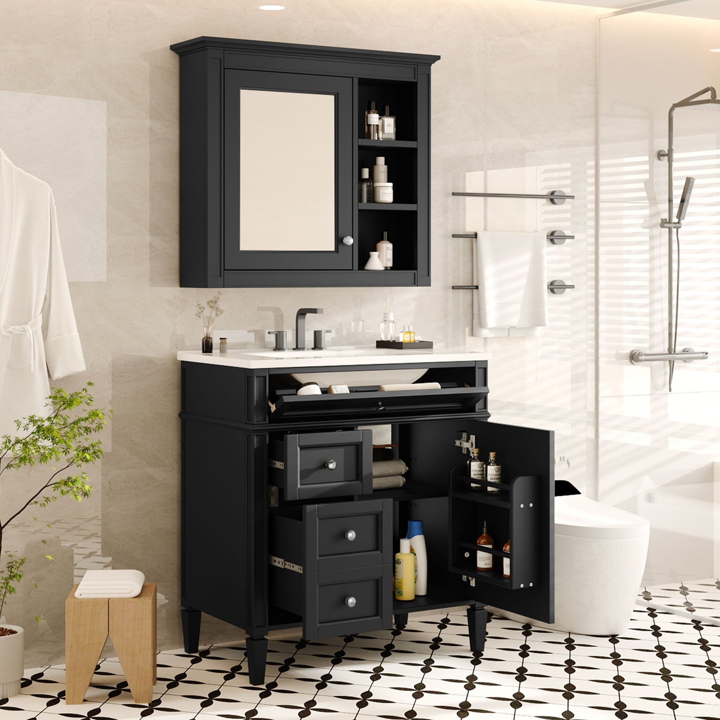 Bathroom vanity with medicine cabinet in dark gray with 2 soft-closing doors and 4 drawers on Tampa Home & Garden Store