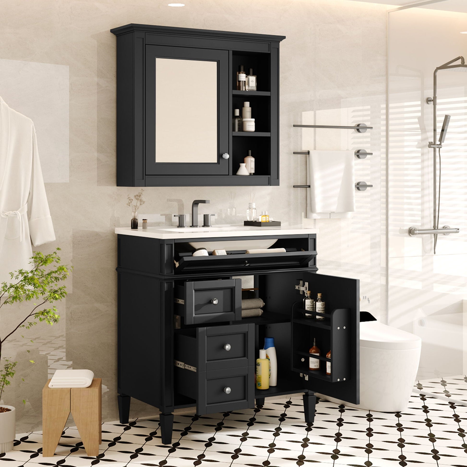 Bathroom vanity with medicine cabinet in dark gray with 2 soft-closing doors and 4 drawers on Tampa Home & Garden Store