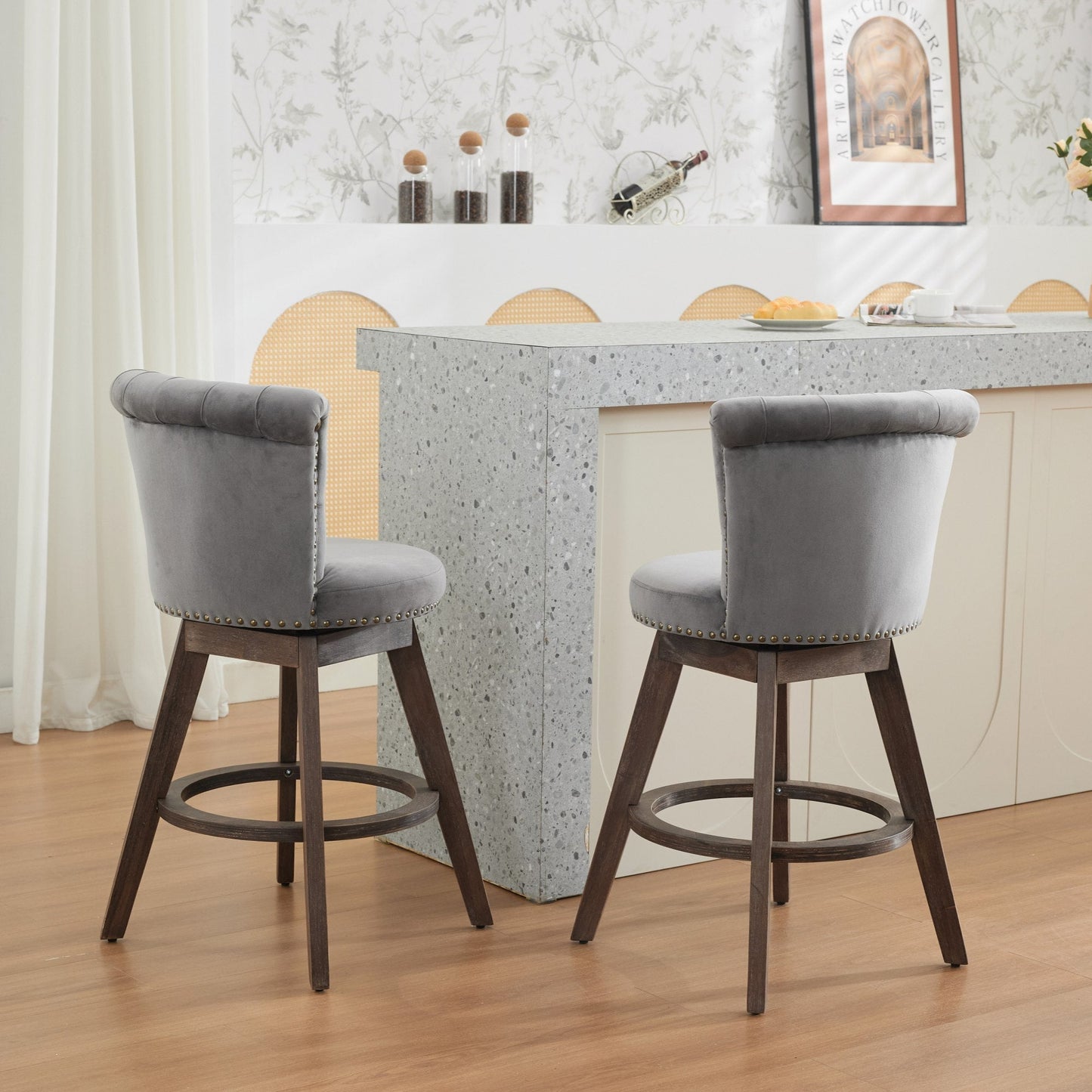 26in Counter Height Bar Stools Set of 2 with 360° swivel and velvet upholstery on Tampa Home & Garden Store
