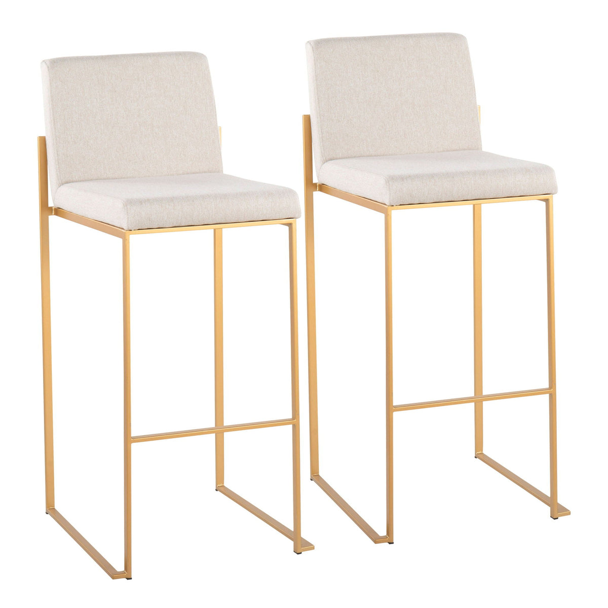 Contemporary high-back barstool set of 2 with beige fabric seats and gold frames on Tampa Home & Garden Store
