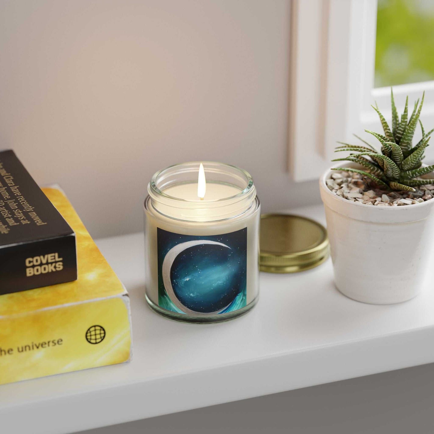 Scented candles Mai Autumn coconut apricot wax in glass jars label on shelf beside plant on Tampa Home & Garden Store