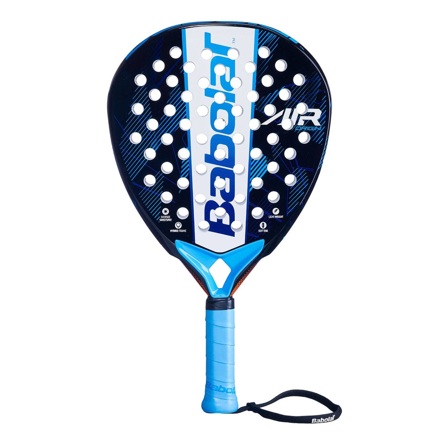 Padel racket Babolat Air Origin, blue and navy with white perforated face and wrist strap on Tampa Home & Garden Store